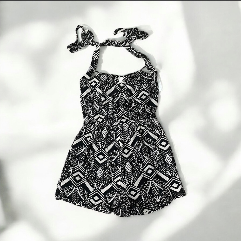 Charlotte Russe Romper Black and Cream Geometric Print Halter
